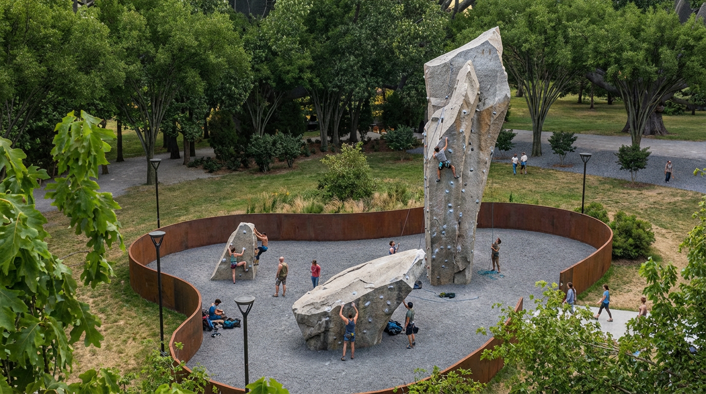 A park with a large bouldering climbing area surrounded by trees and grass, featuring three artificial climbing walls with people climbing, resting, and walking nearby.