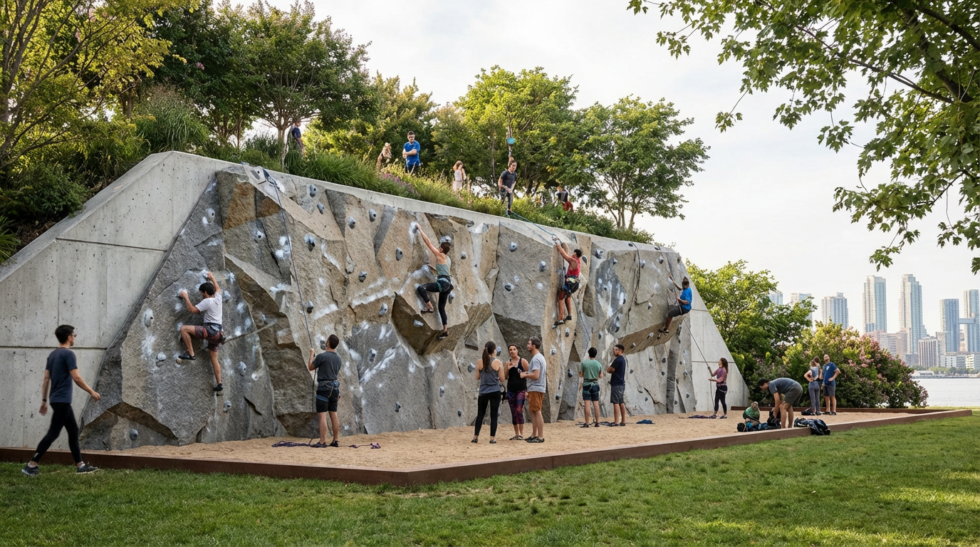 People climbing on an outdoor rock climbing wall with a sandy base, set in a park with trees and a city skyline in the background.