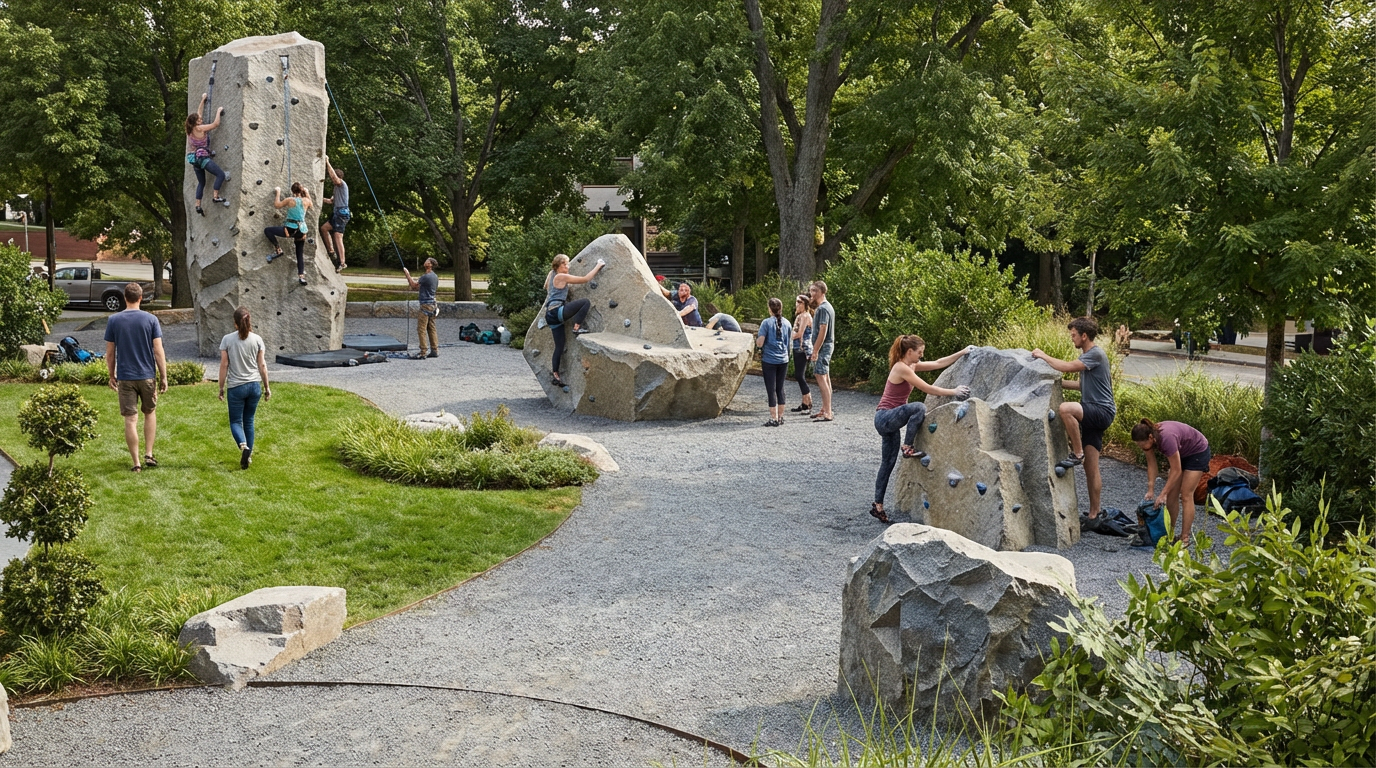 People enjoying bouldering at an outdoor rock climbing gym in a park, with trees and greenery surrounding the area.