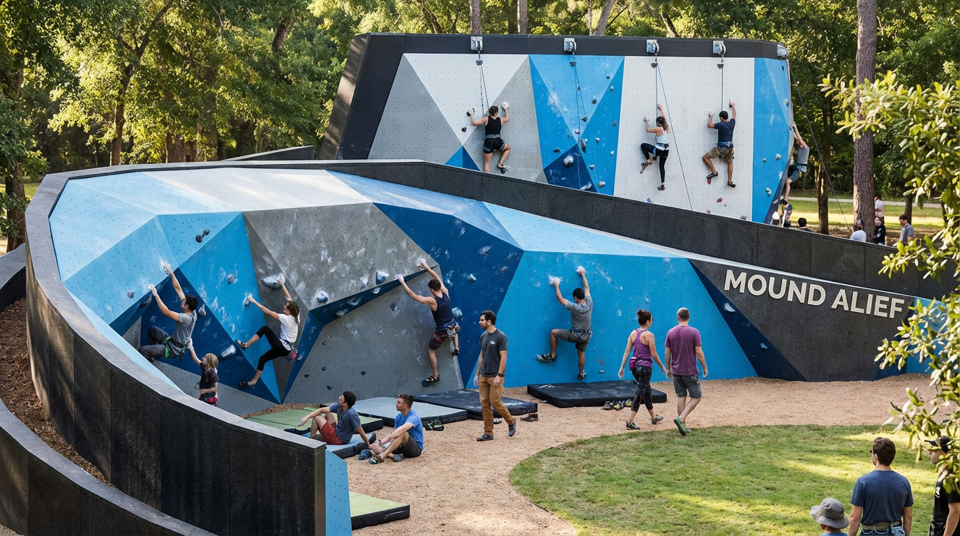 Children and adults climbing and playing on an outdoor rock climbing wall in a park, with trees and grass surrounding the area.