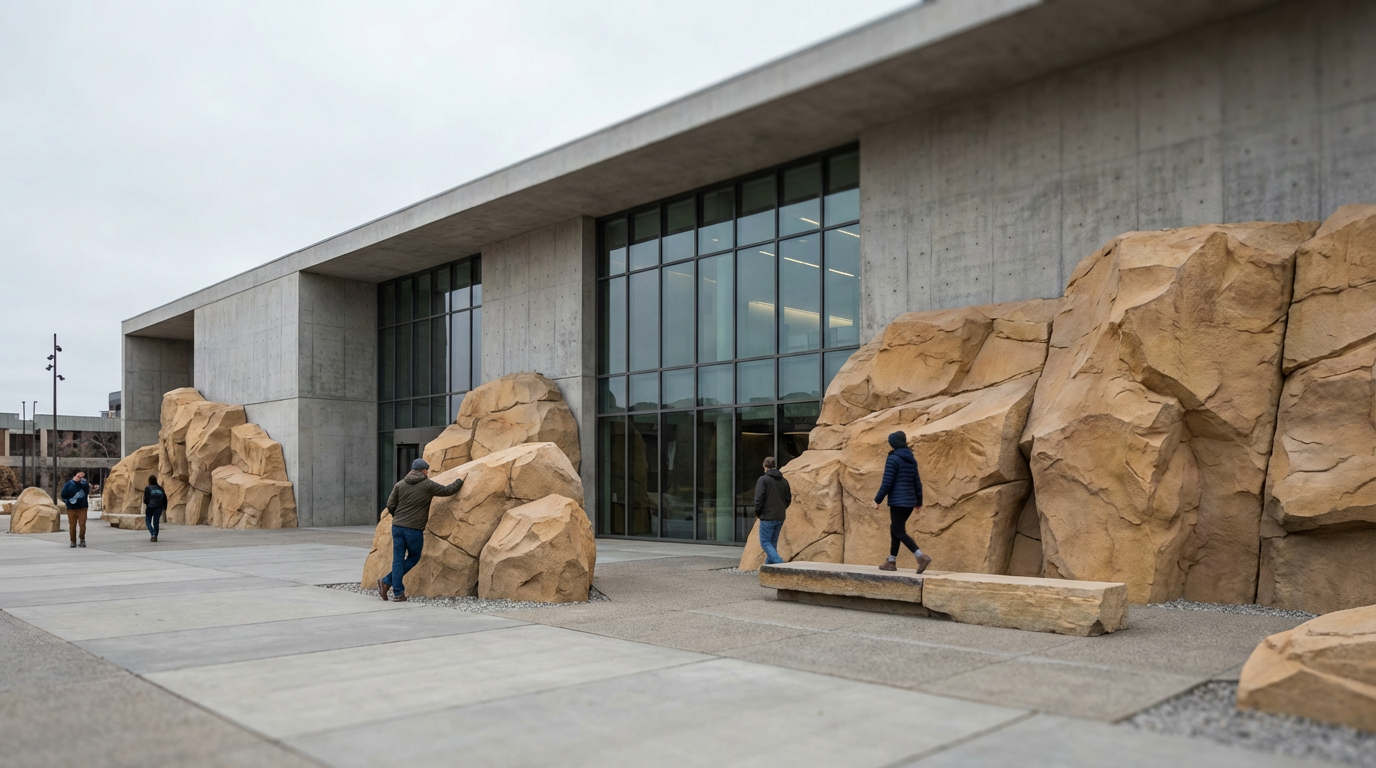 People walking outside a modern building with large glass windows and large tan rocks along the exterior.