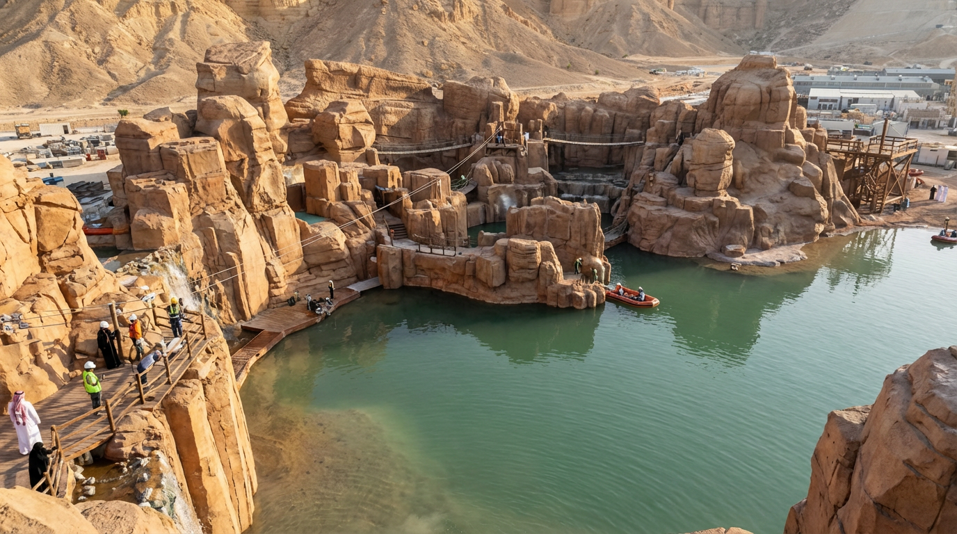 A replica of a desert canyon with artificial water and rock formations, featuring a small pool, walking pathways, and people in safety gear, with boats on the water and a distant industrial area.