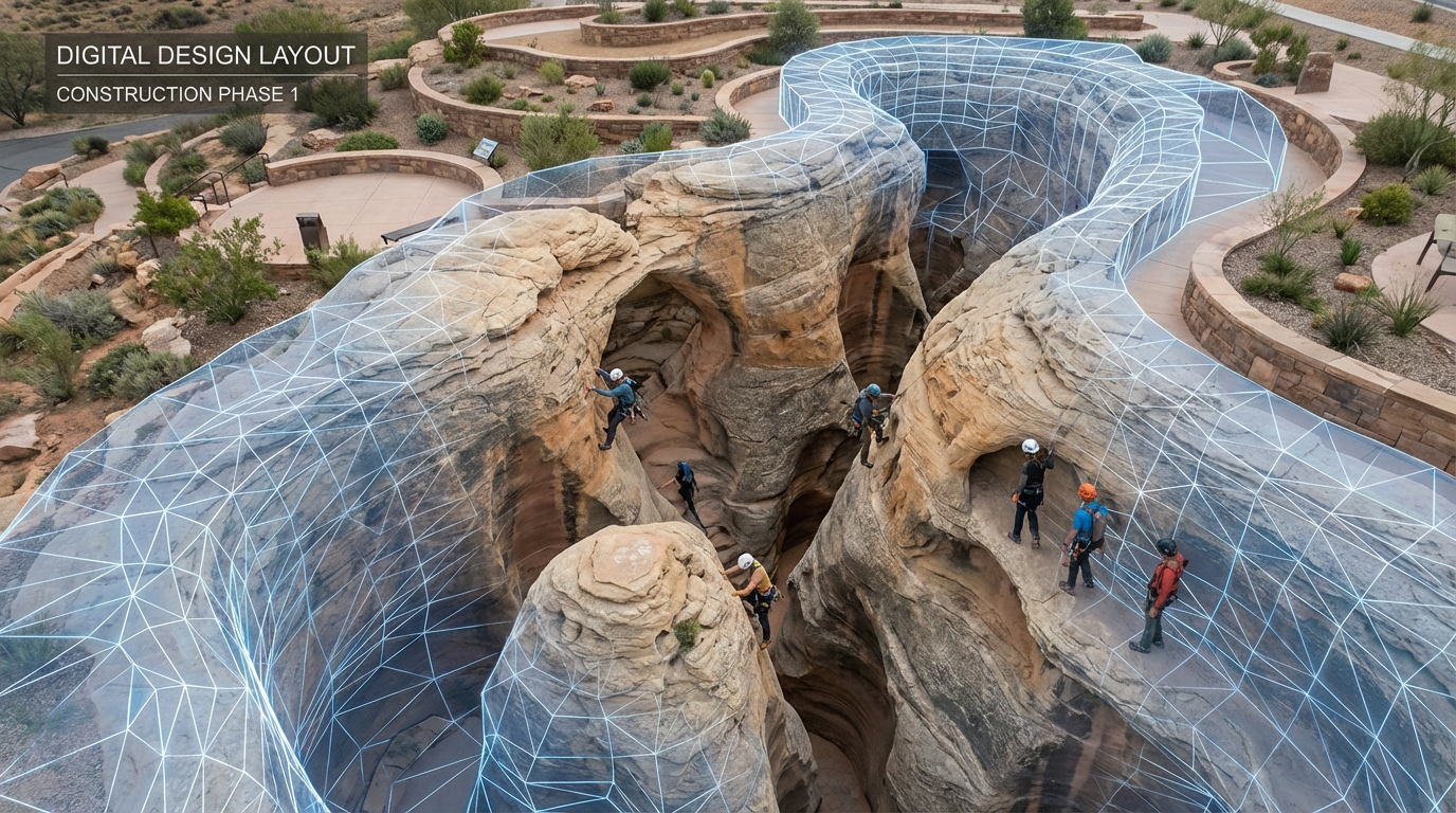 Digital architectural design layout of a rock formation with a partially transparent overview of the planned structure's outlines, overlaid on a canyon landscape with hikers.