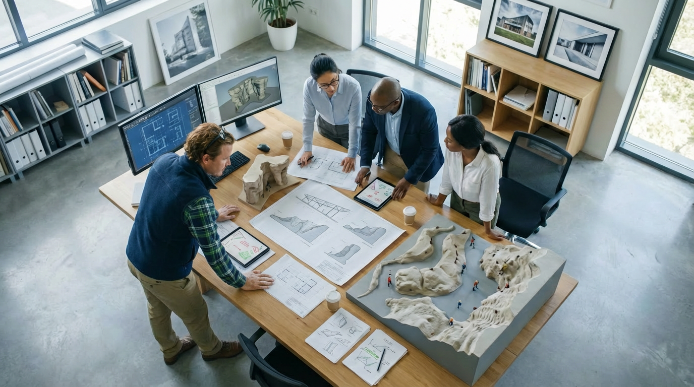A group of five architects or designers discussing landscape and architectural models and blueprints in a modern office with large windows.