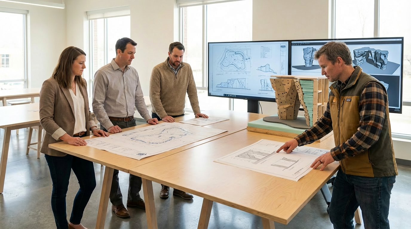 Four people standing around a table with architectural plans, with a man explaining blueprints to others, in a room with large windows and digital screens displaying architectural designs.