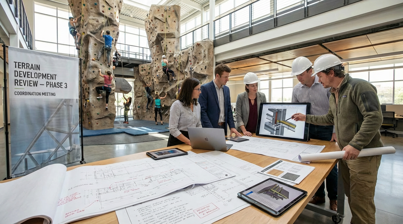 Architects and engineers discussing construction plans at a table while examining blueprints and digital models in a modern facility with indoor rock climbing walls in the background.
