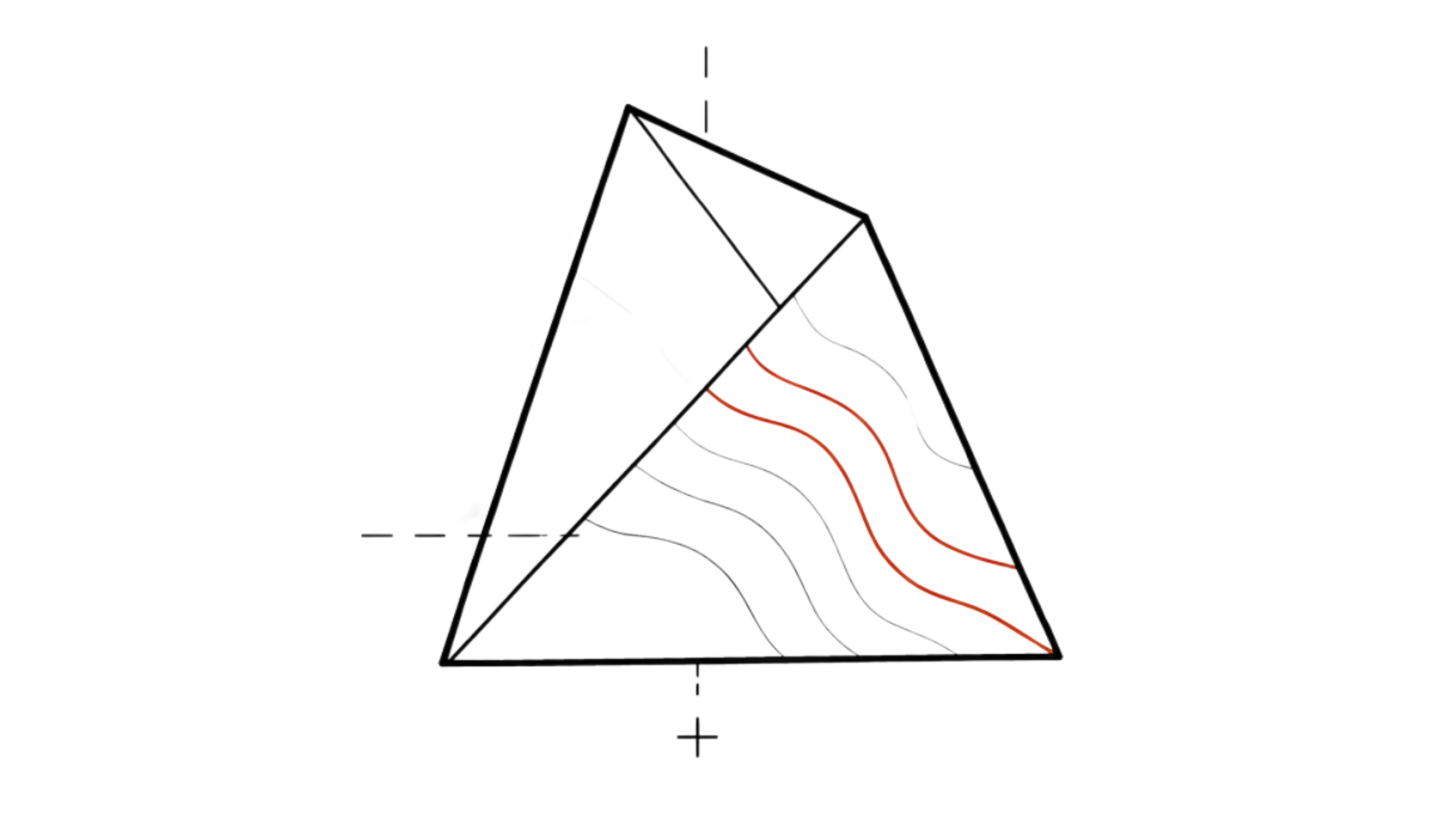 An abstract, colorful, digital line art illustration of a triangular geometric shape with various internal sections and flowing lines, set against a black background.