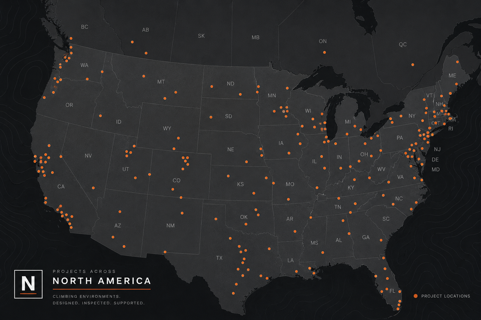 Map of the United States with orange dots marking climbing project locations across North America, dark background, with a white box in the bottom left corner containing the text 'Projects Across North America' and a subtitle about climbing environments.
