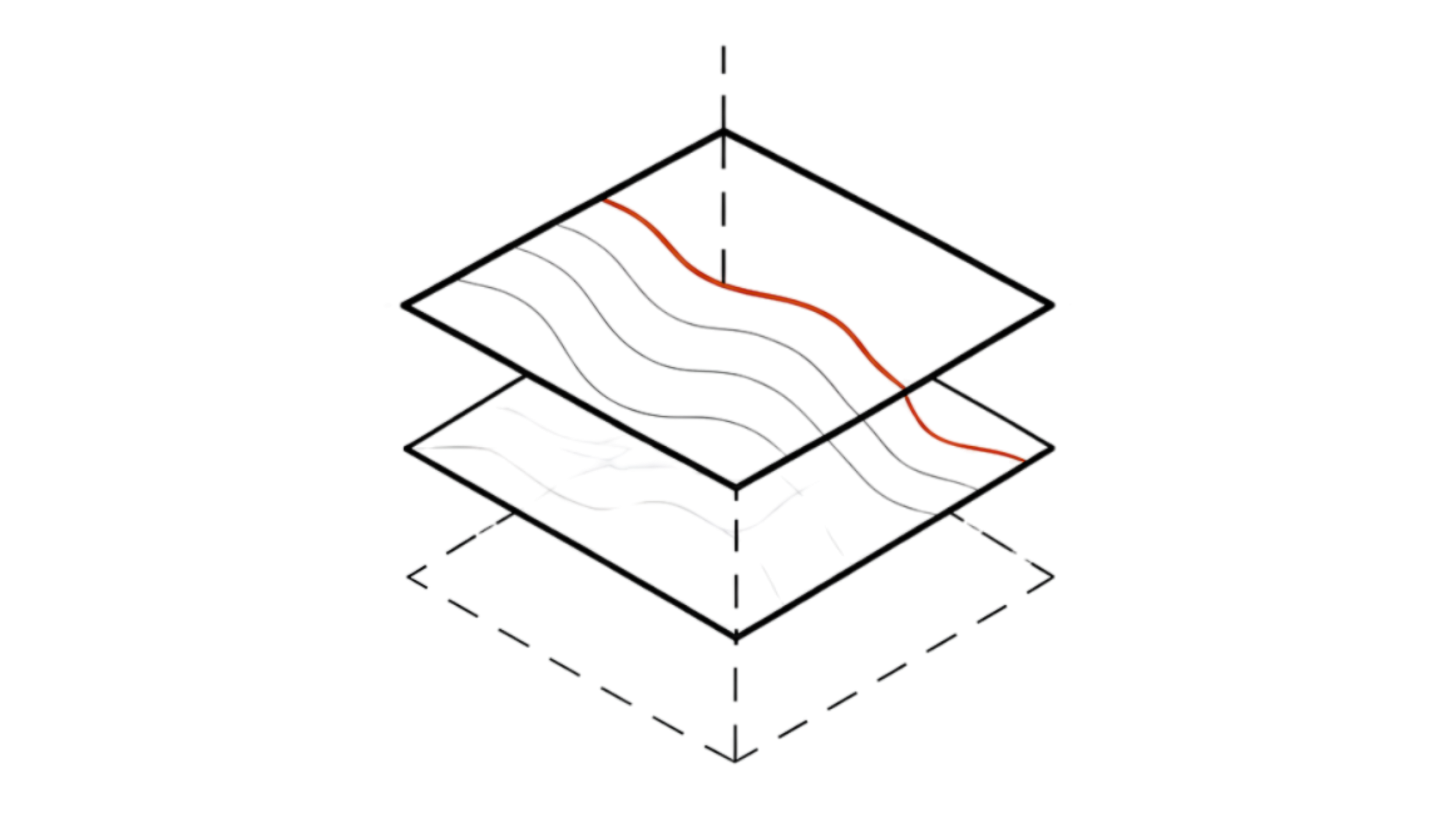 A digital 3D rendering of a multi-level architectural model with internal pathways and structures, highlighted with red, purple, and blue colors on a black background.