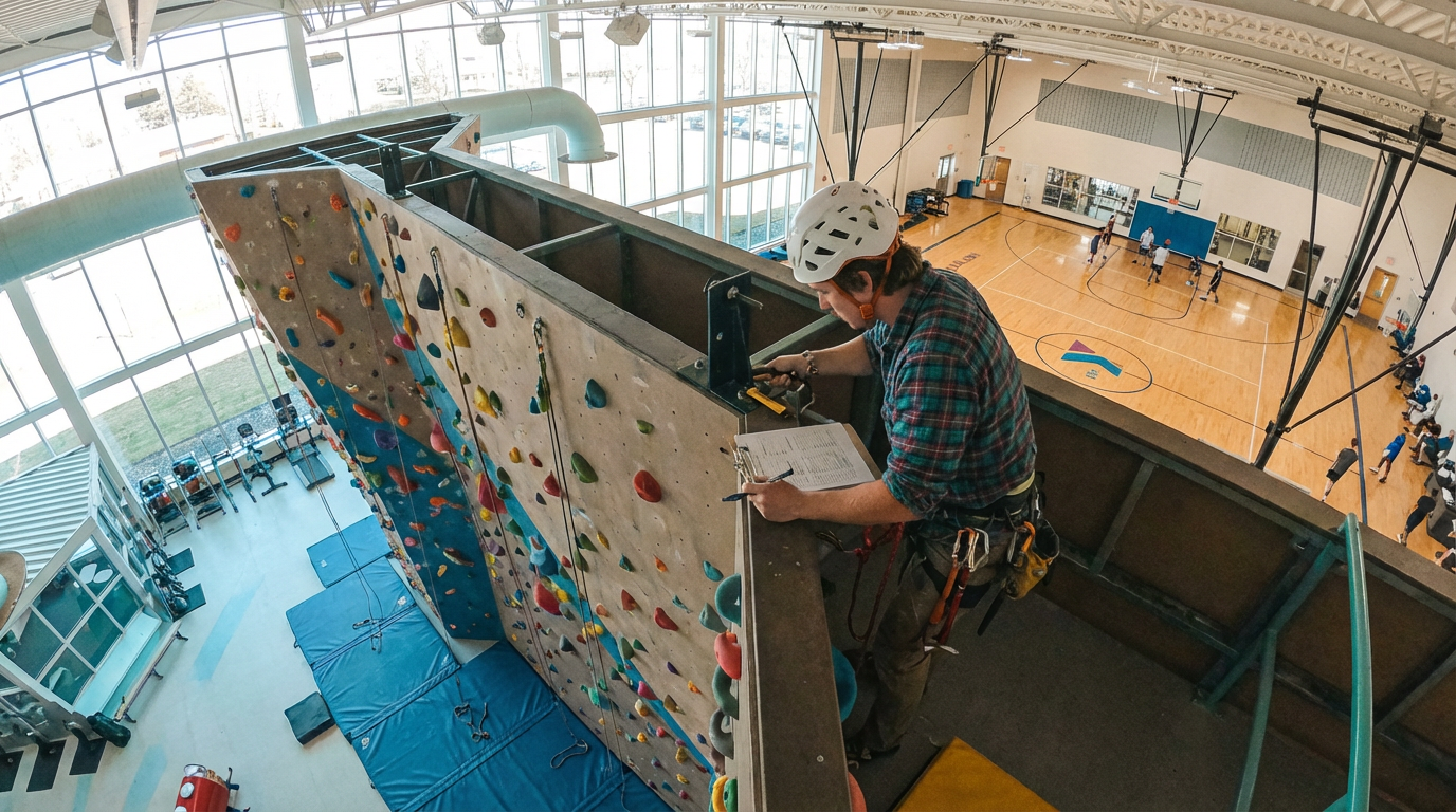 An indoor gymnasium with a climbing wall at the top, and a person wearing a helmet and harness inspecting or working on the climbing wall. The gym includes a basketball court with players, a volleyball net, and a designated area for weight training.