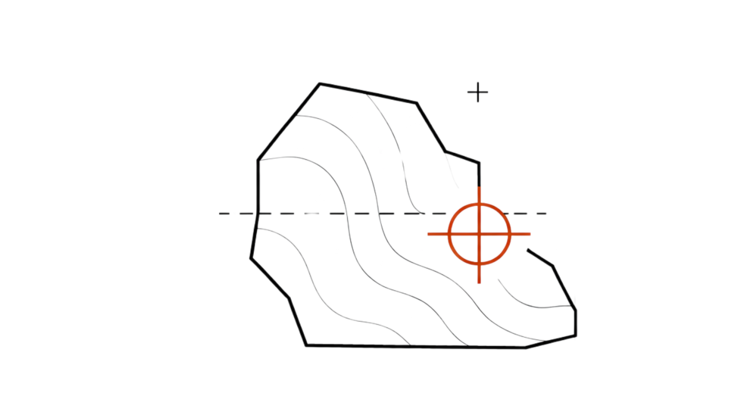 a computer-generated diagram of a firearm with a crosshair targeting system overlaid