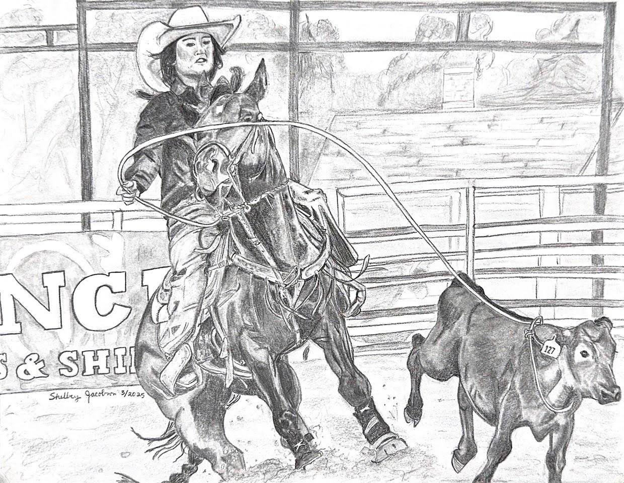 Black and white drawing of a woman in cowboy attire riding a bucking horse in an arena, with a calf nearby and a fence in the background.