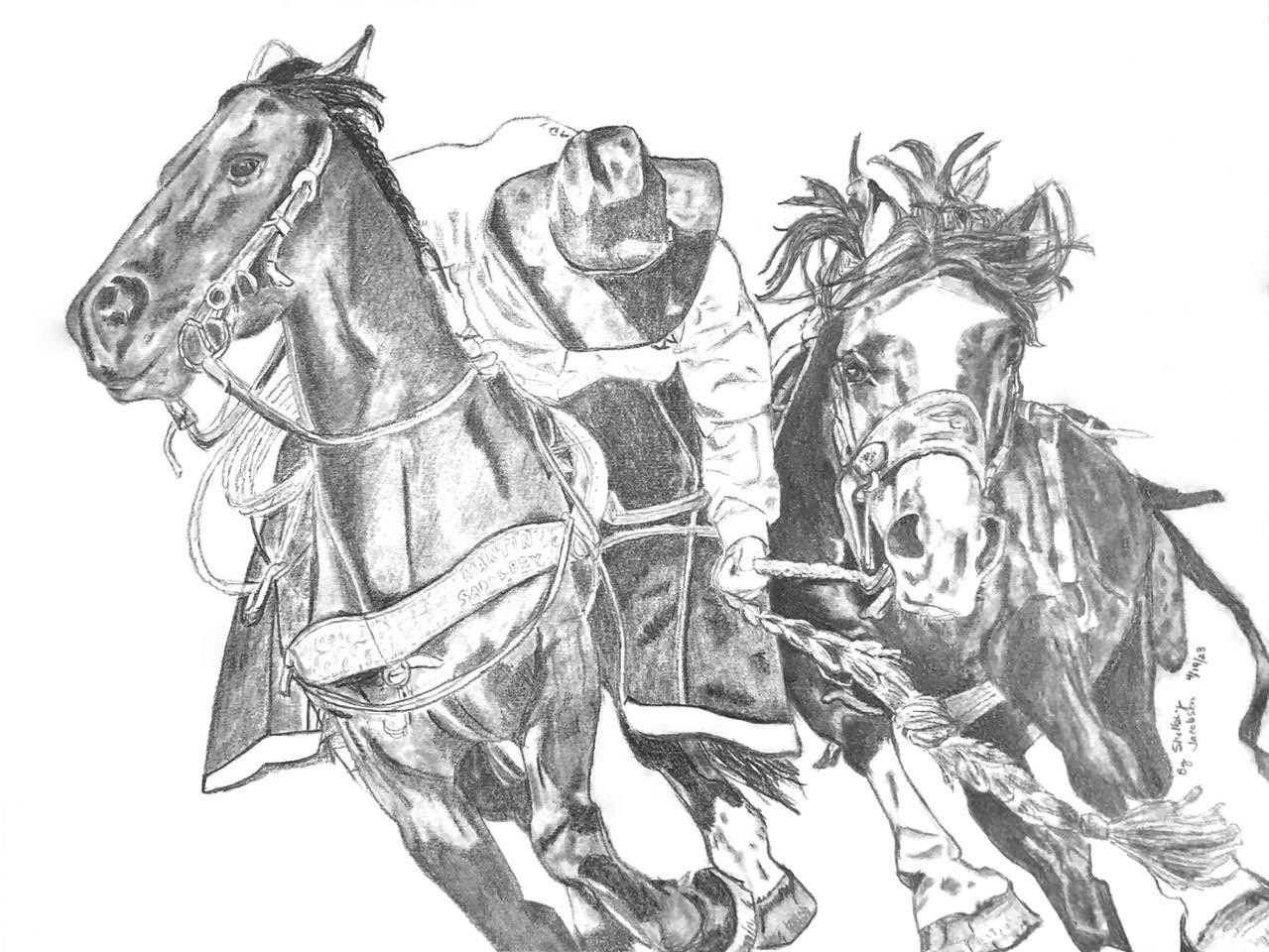 Black and white drawing of two bucking horses and a rodeo rider in a cowboy hat.