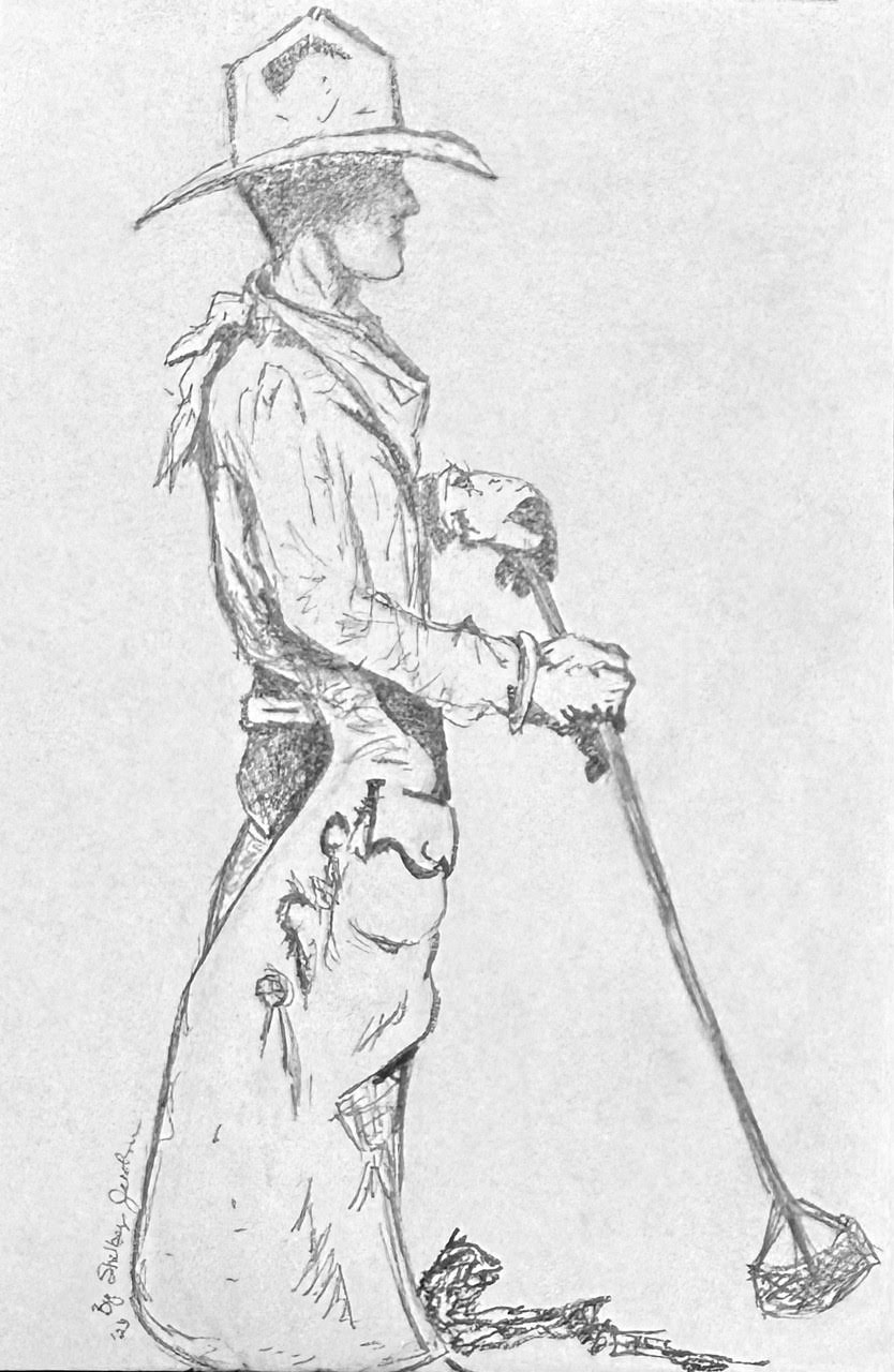 A pencil sketch of a woman in traditional pioneer attire, wearing a wide-brimmed hat, holding a walking stick, and standing in profile.