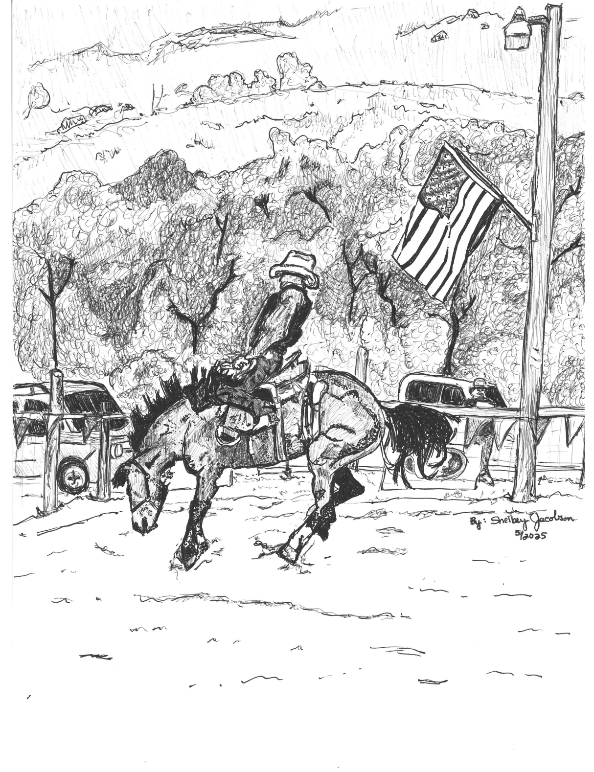A line drawing of a horse with a large bottle on its back, standing in front of a fenced area with parked cars, trees, and a street in the background. An American flag is hanging from a pole nearby. The drawing is signed and dated by Shelby Jacobson, 2005.