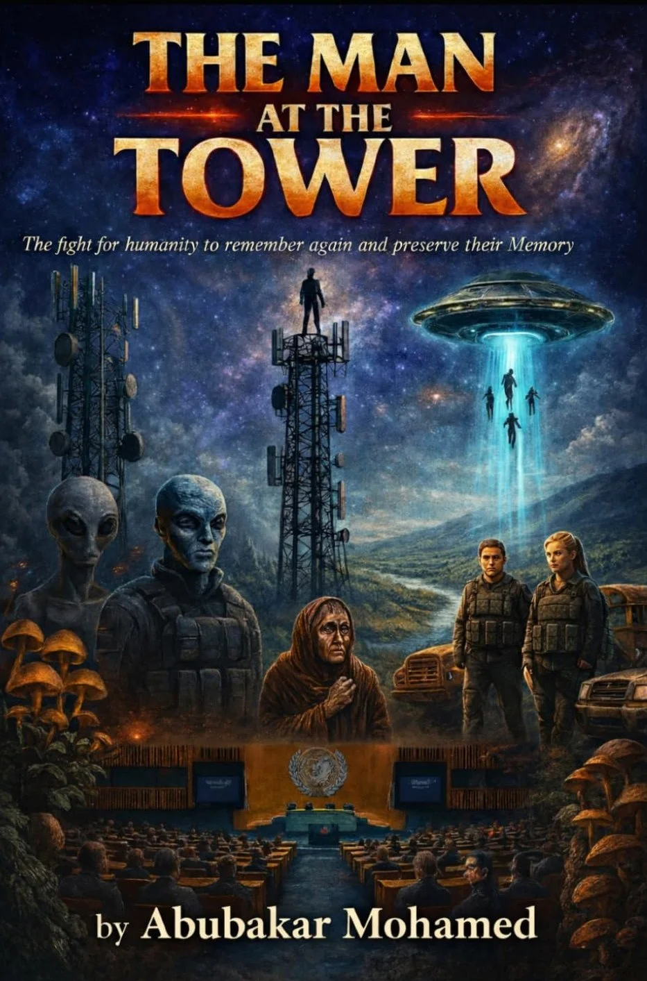 Book cover titled "The Man at the Tower" by Abubakar Mohamed, featuring a science fiction scene with aliens, a UFO abducting people, soldiers, communication towers, and a conference in a large hall.