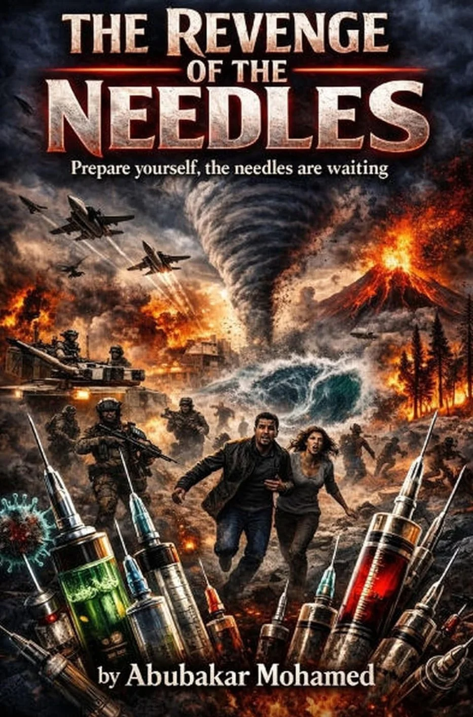 A book cover titled "The Revenge of the Needles" by Abubakar Mohamed, depicting a chaotic scene with military soldiers, jets, a tornado, a volcano erupting, and giant syringes filled with various colored liquids amid a fiery background.