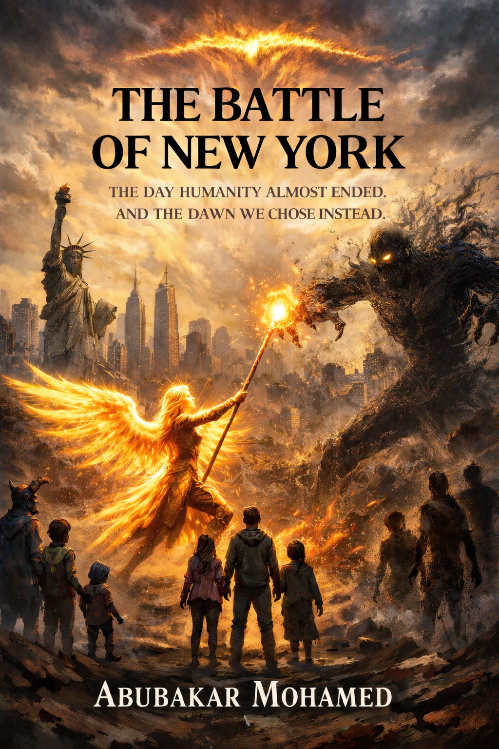 Fictional book cover titled 'The Battle of New York' by Abubakar Mohamed. The cover depicts a scene of destruction in New York City with a giant monster fighting a fiery angelic figure wielding a torch. The background includes the New York City skyline, including the Statue of Liberty.
