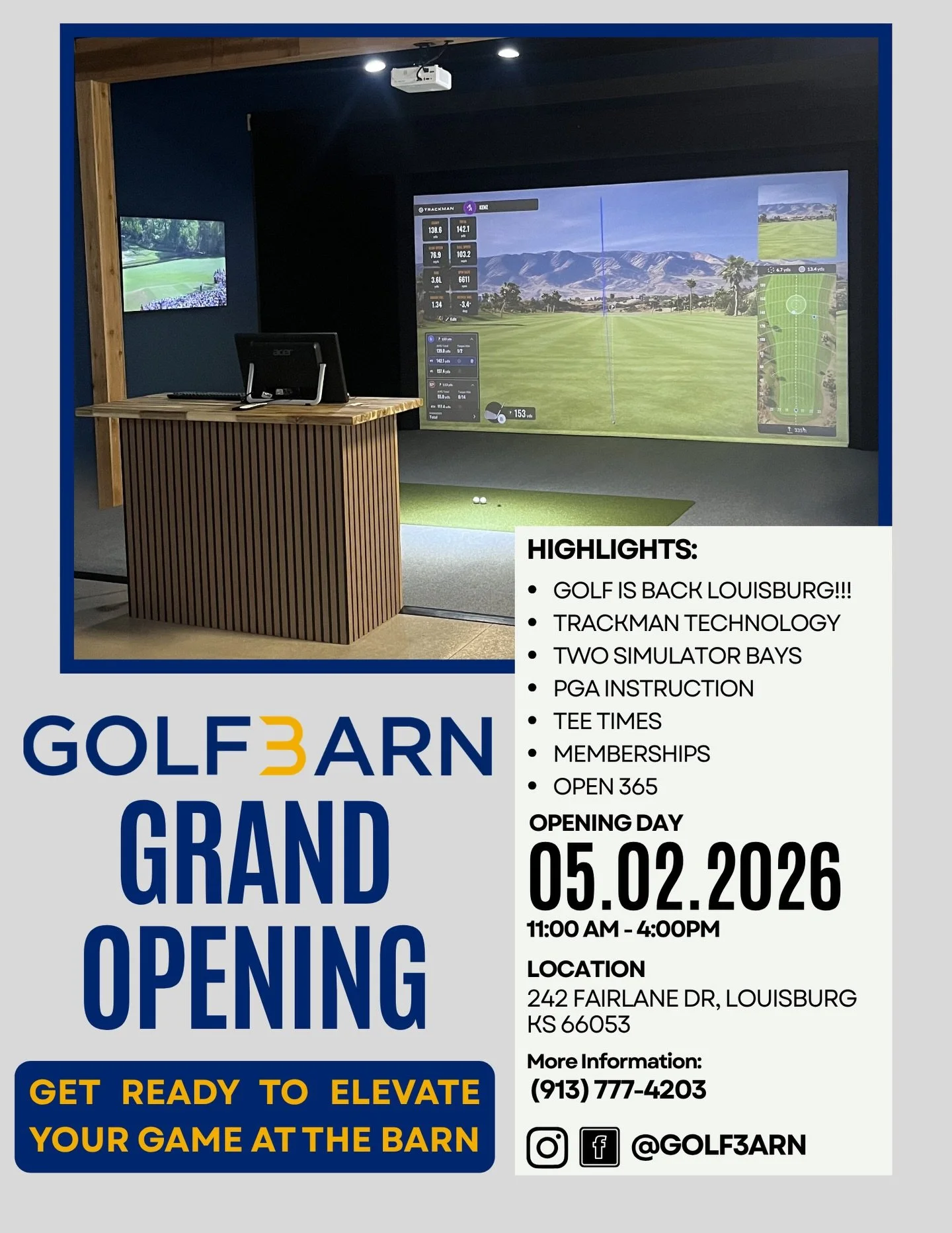Golf is BACK in Louisburg. 🔥
Welcome to GOLF3ARN.

TrackMan. Two bays. Instruction. Memberships.
Built for players who want to get better.

📅 Grand Opening: May 2
⏰ 11AM&ndash;4PM
📍 242 Fairlane Dr

Come see it. Come try it. Come be part of it.
#G