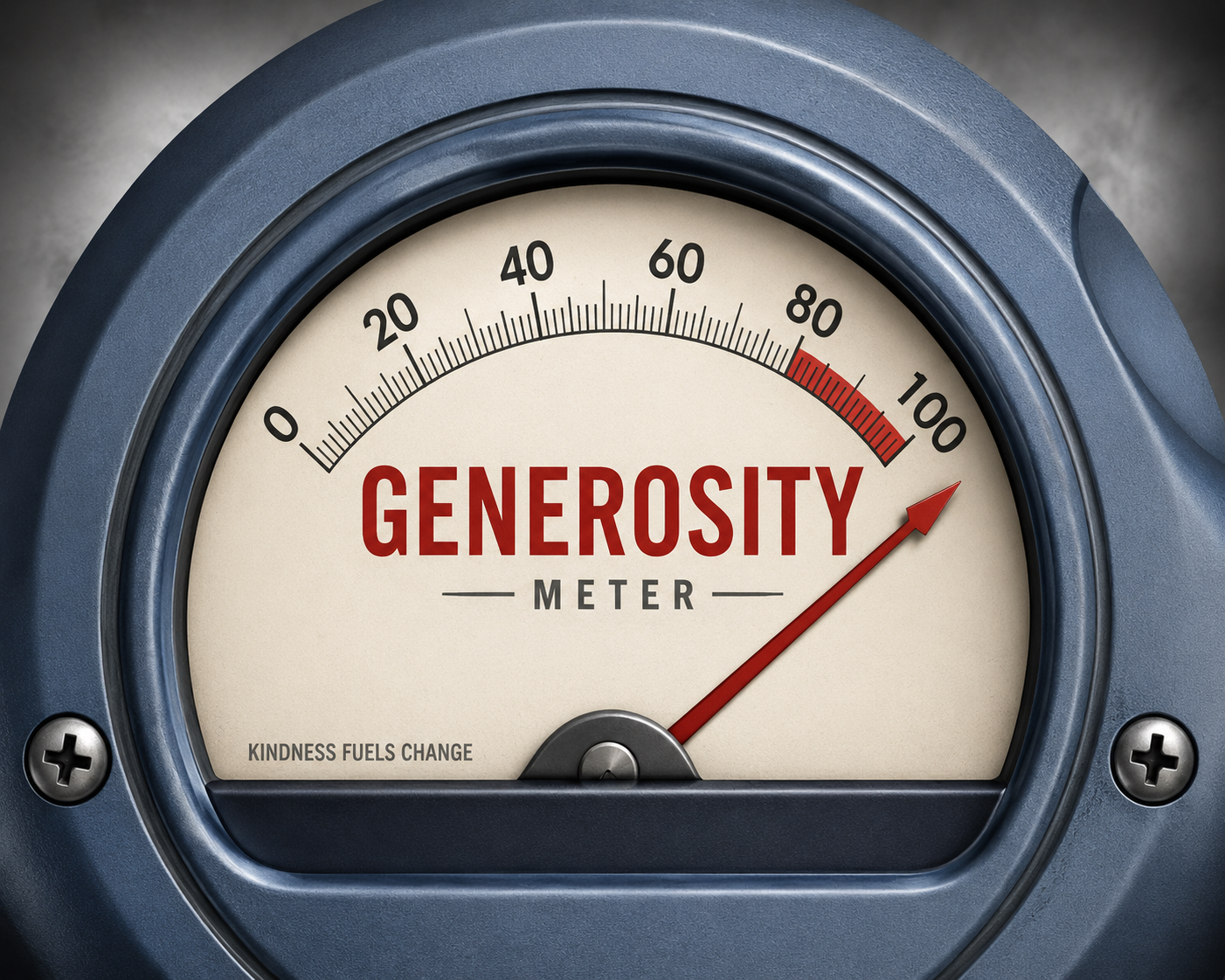 A gauge labeled 'Generosity Meter' with the needle pointing near 85, featuring a message 'Kindness fuels change' at the bottom.