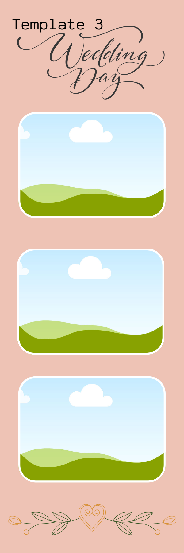 Wedding day template with three blank landscape photo frames featuring green hills and blue skies.