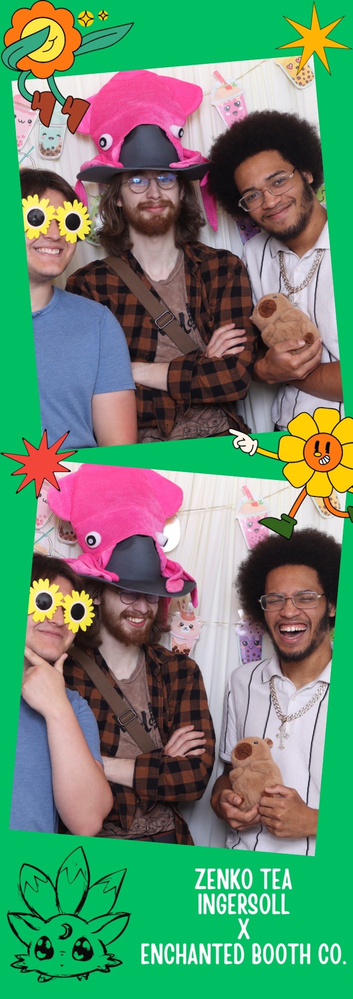 Three young men at a festive event, wearing playful accessories like flower sunglasses and a pink squid hat. They are smiling and holding a small plush bear, with colorful decorations and banners in the background.