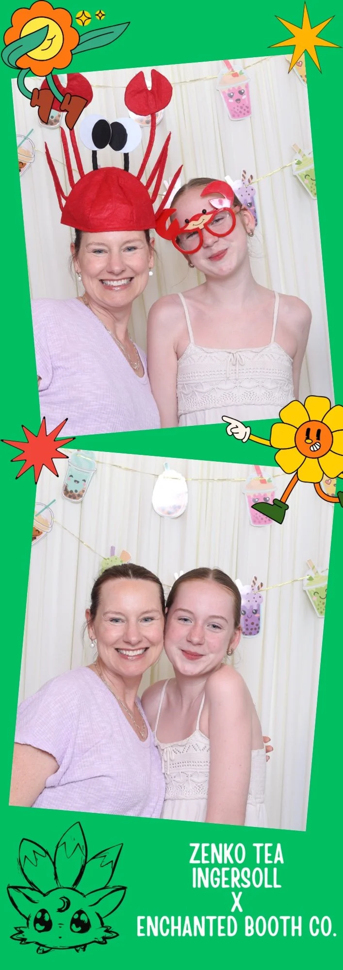 Two women and a teenage girl smiling in photo booth at a party with fun colorful paper accessories and decorative backdrop.