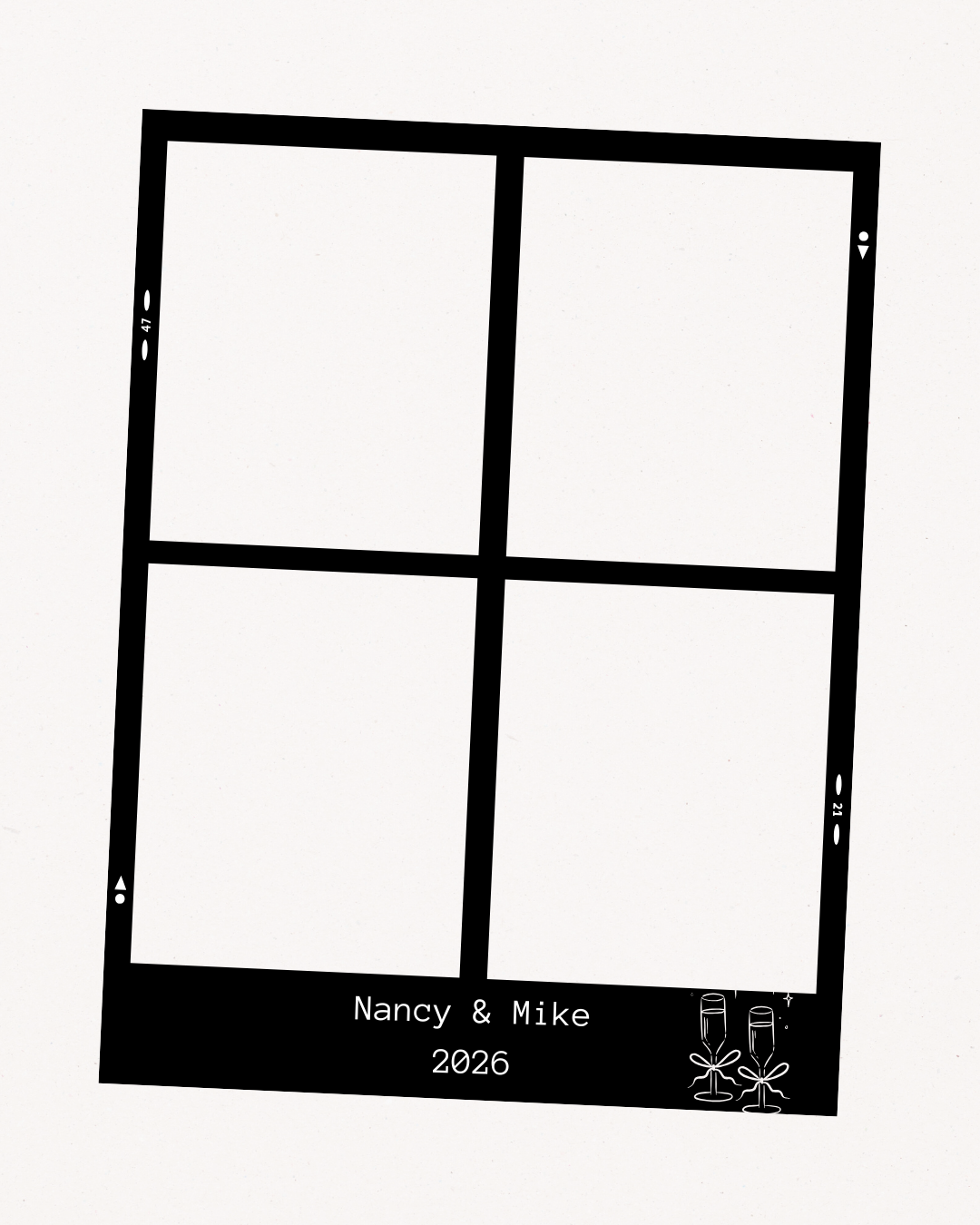 A black photo booth template with four sections, decorated with champagne glasses and ribbons, printed with the names "Nancy & Mike" and the year "2026".