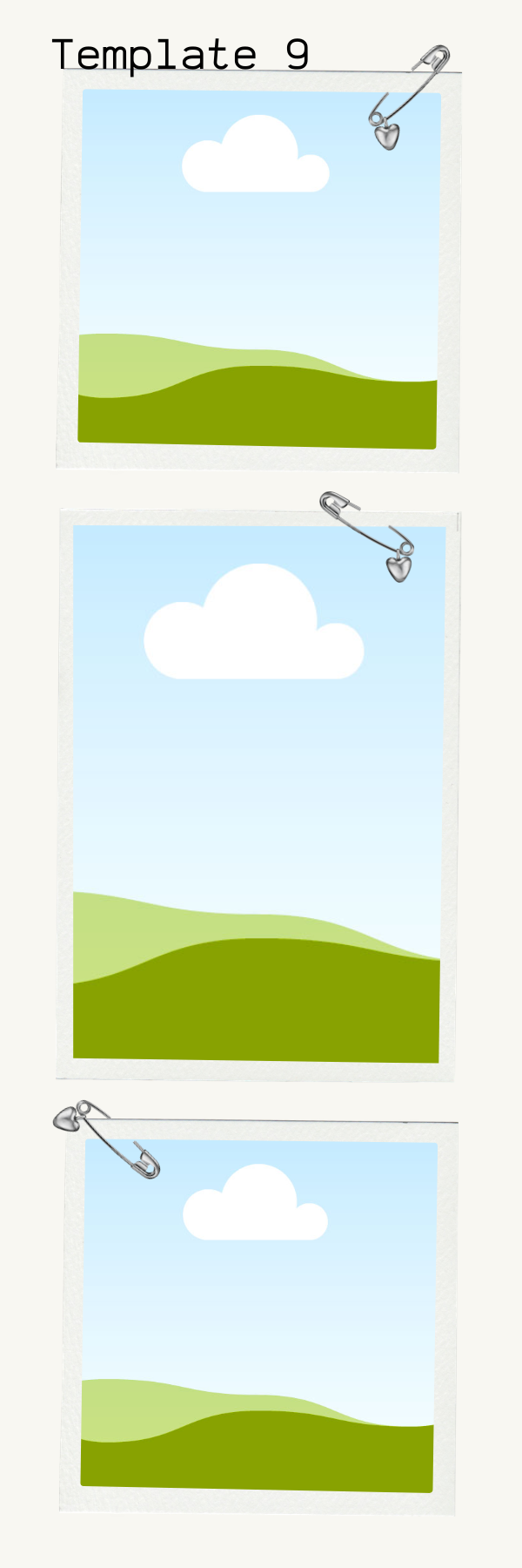 Three Polaroid-style photos of a scenic landscape with green rolling hills and a blue sky with a white cloud, pinned with silver heart-shaped pins.