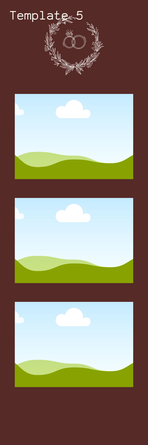 Sample template with a brown background, a design at the top featuring wedding rings and a laurel wreath, and three scenic landscape illustrations of hills, grass, and clouds.