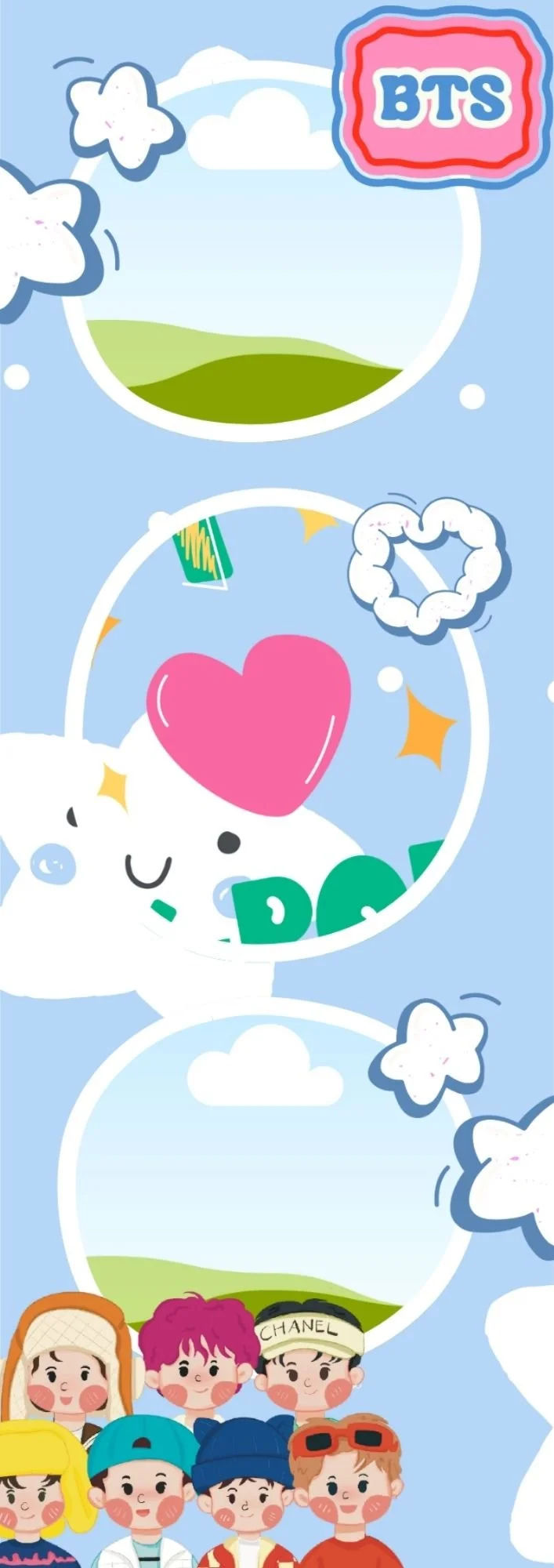 Cute cartoon illustration featuring the BTS logo at the top, a smiling white cloud with a green landscape, a heart with the words 'D' and 'O', and a humanoid character with a pink heart-shaped nose surrounded by stars and clouds. At the bottom, there are cartoon characters representing the members of BTS, each with different hair colors and styles.