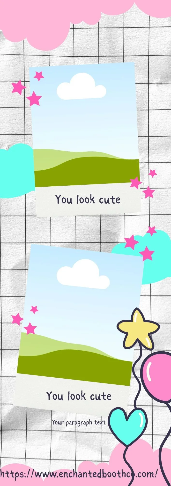 Two cheerful illustrated postcard images with a landscape of green hills and blue sky with a cloud, with the repeated message "You look cute," decorated with pink stars, balloons, and clouds, on a grid background.