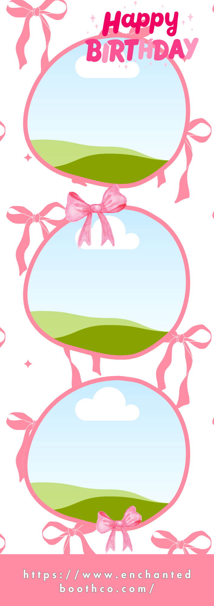 Pink and green birthday banner with three hanging circular frames, each with a pink ribbon tie, clouds, and scenic landscape inside, labeled 'Happy Birthday' at the top, and a website link at the bottom.