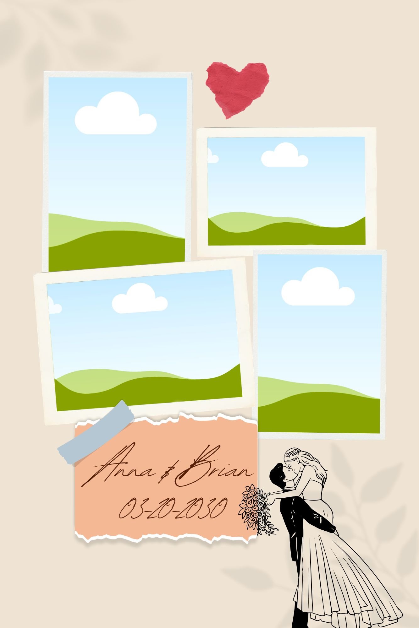 Collection of five Polaroid photos with landscape scenes of blue skies, green hills, and white clouds, decorated with a red heart and a wedding illustration. A torn paper displays the names 'Anna & Brian' and a date '03-20-2030'.