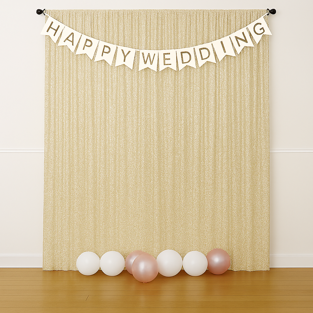 Decorative backdrop with a "Happy Wedding" banner and balloons
