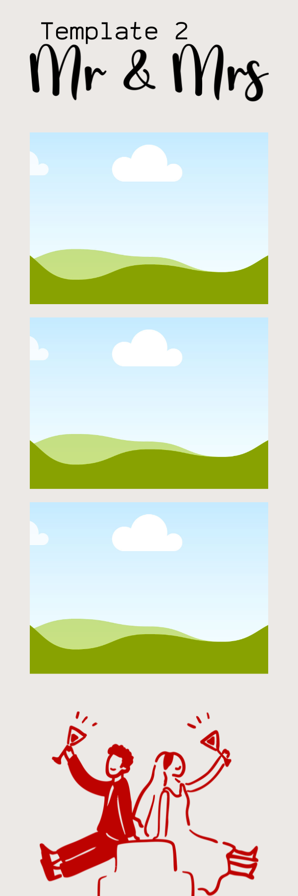 A template titled 'Mr & Mrs' with three sections of a landscape with blue sky, white clouds, green hills, and a couple celebrating with fireworks.