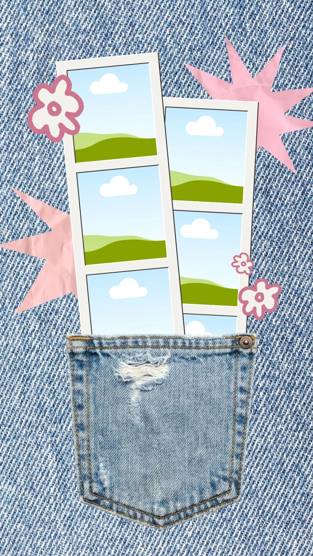 Decorative photo of a denim pocket with a collage of four mini landscapes, pink paper flowers, and pink paper stars on a denim background.