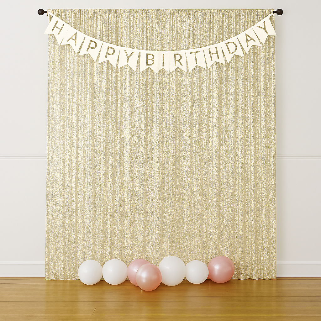 Gold glittery curtain with a "Happy Birthday" banner hanging from a black rod, white and pink balloons on the floor.