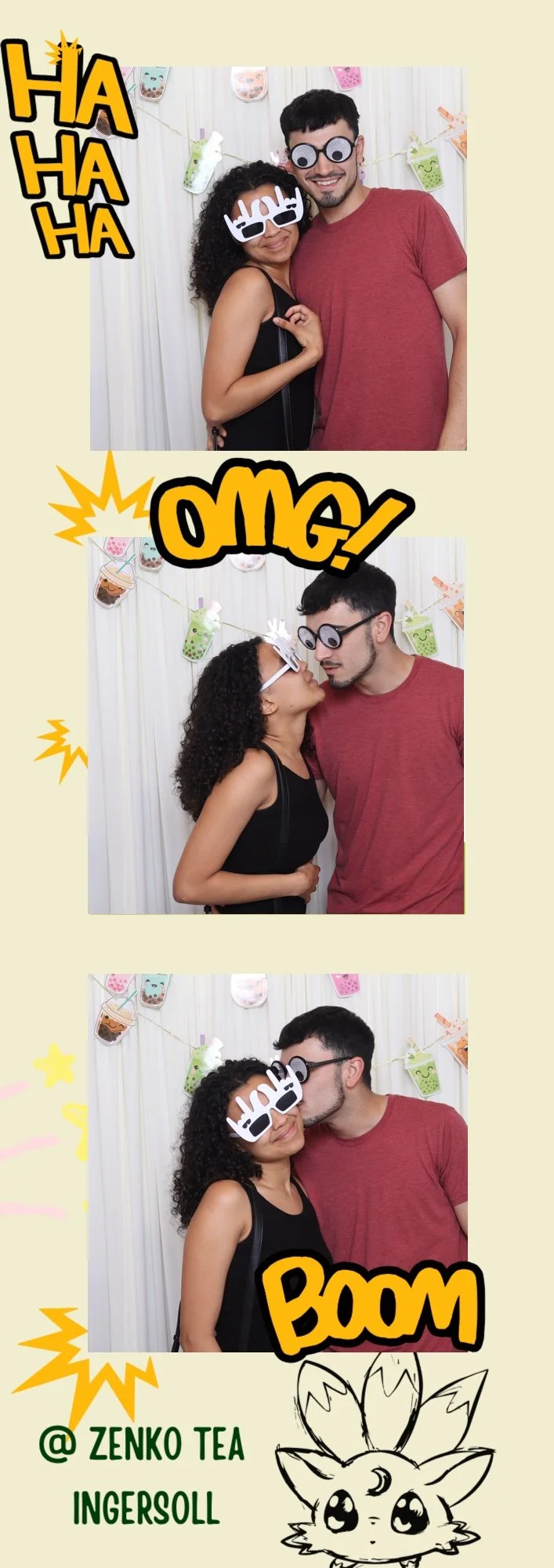 A photo booth strip featuring a woman and man at @Zénko Tea, celebrating with fun props. In the first frame, they smile with oversized novelty glasses and cute decorations in the background. The second frame shows them nearly kissing, with the woman 