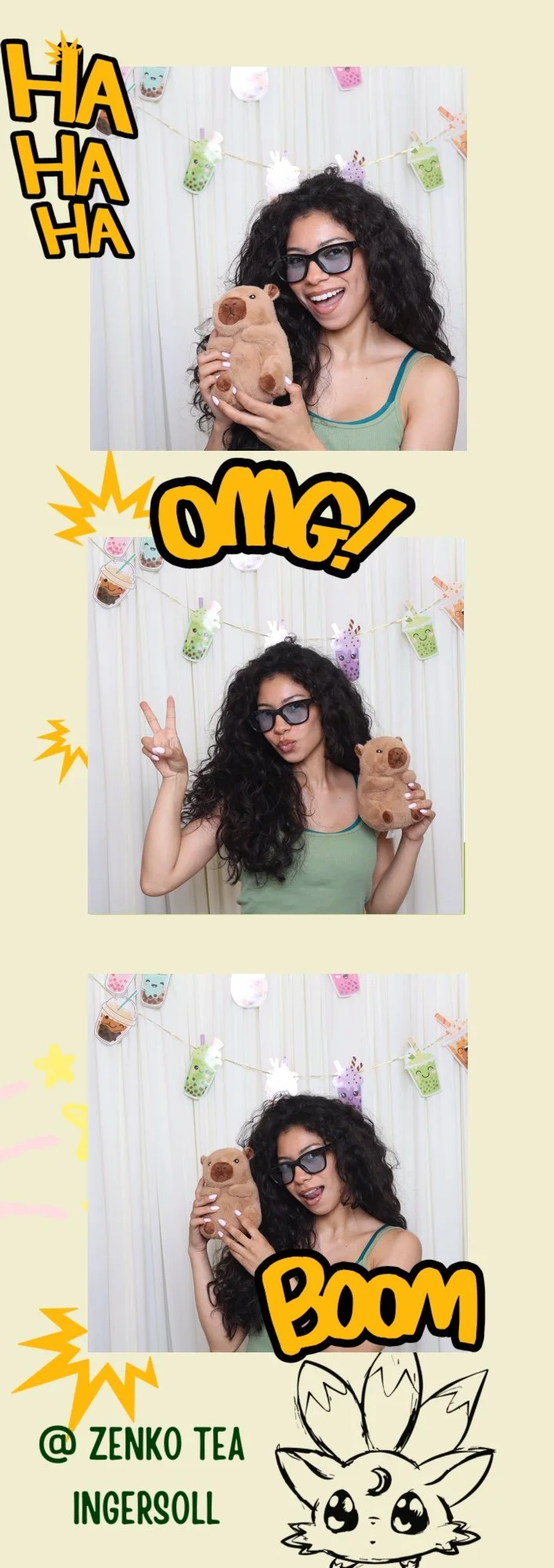 Three photos of a woman with curly hair wearing sunglasses, holding a plush bear, and making fun poses in front of a decorated backdrop with colorful paper lanterns and banners. Comic-style text and illustrations with words 'HA HA HA,' 'OMG,' and 'BO