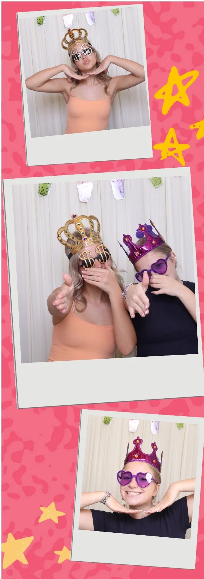 Three photos of young girls wearing playful crowns and sunglasses, posing against a light-colored backdrop with hanging towels or cloths, celebrating with fun expressions and gestures, on a pink background with yellow stars.