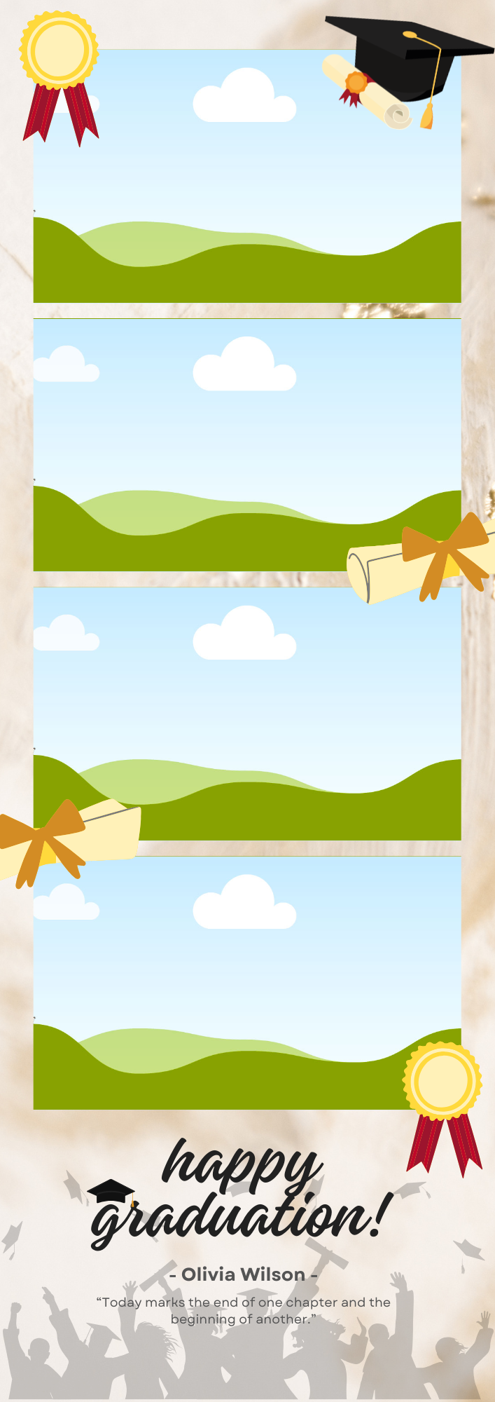 A four-part graduation celebration banner with a happy graduation message, featuring graduation caps, diplomas, and ribbons, with a silhouette of cheering graduates at the bottom.
