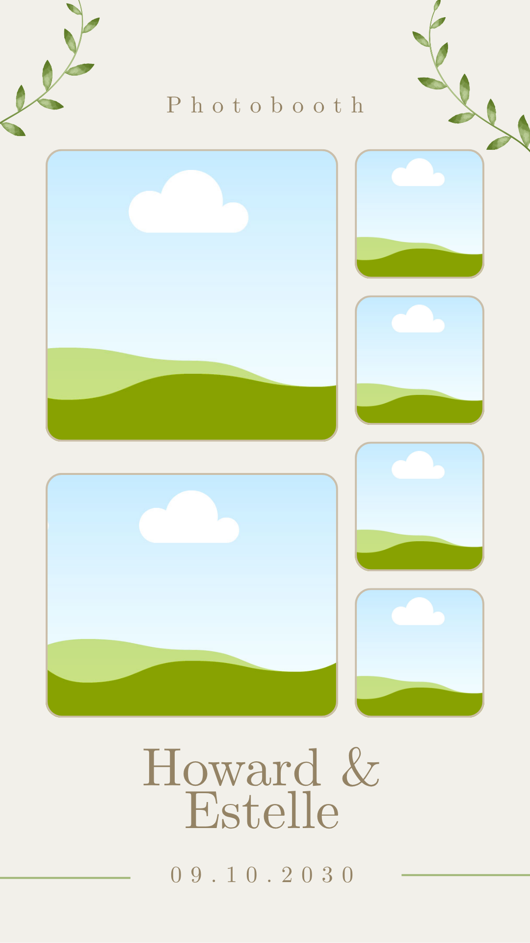 A wedding invitation with a nature-themed design featuring green hills and a blue sky with white clouds. There are multiple photo booth frames shaped like squares and rectangles with rounded corners, showing different landscape images. The invitation is for a wedding of Howard and Estelle, scheduled for September 10, 2030.