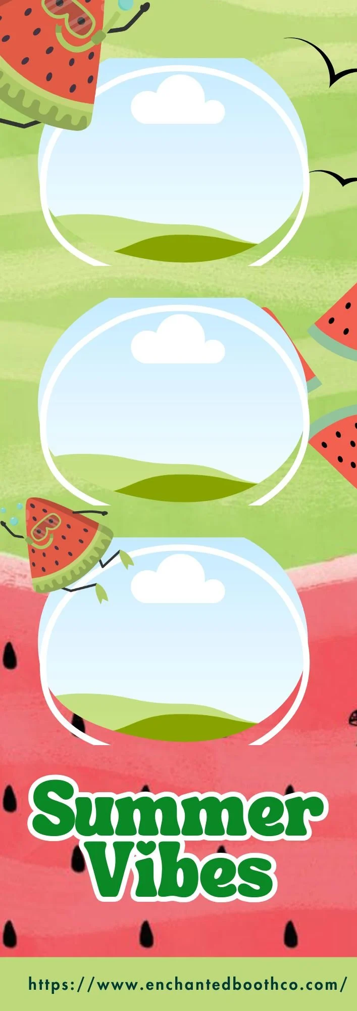 A colorful summer-themed photo booth backdrop featuring cartoon watermelon slices, a ladybug, flying birds, and three empty photo frames with white clouds in the sky and rolling green hills in the background. The text "Summer Vibes" is prominently displayed at the bottom, along with a website URL.