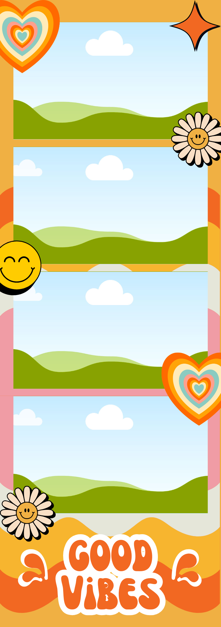 Colorful photo booth backdrop with four frames showing scenic landscapes with hills, clouds, and sky, decorated with smiling flower and heart-shaped designs, and the phrase 'Good Vibes' at the bottom.