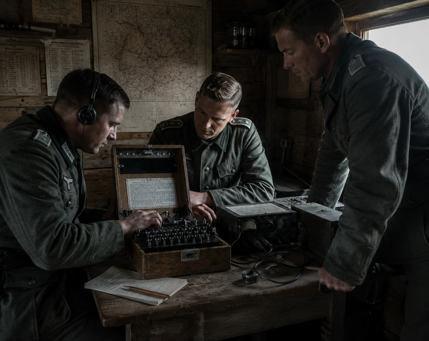 Three WWII German soldiers in a wooden communication hut operating an original enigma, with a map on the wall behind them.