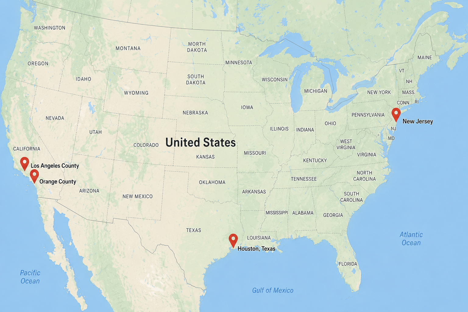 Map of the United States highlighting Los Angeles County and Orange County in California, Houston, Texas, and New Jersey.