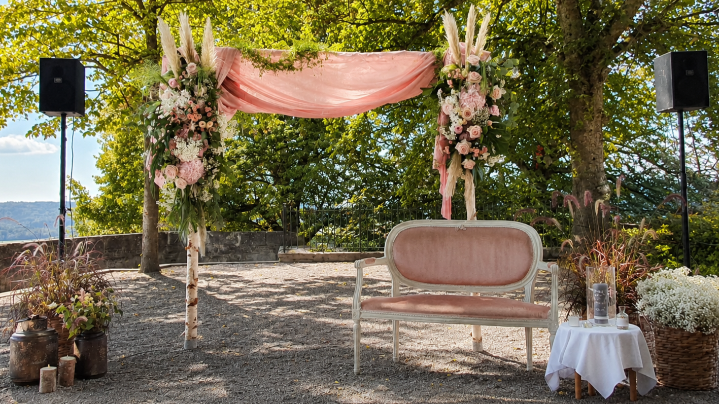 Ein dekorierter Hochzeitsort im Freien mit einem pinken Blumenbogen, einer weißen Bank, einem kleinen Tisch mit Dekorationen und Blumentöpfen, umgeben von Bäumen.