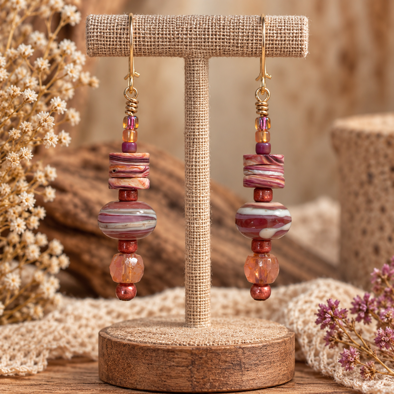 Lavender Rose Artisan Lampwork Earrings