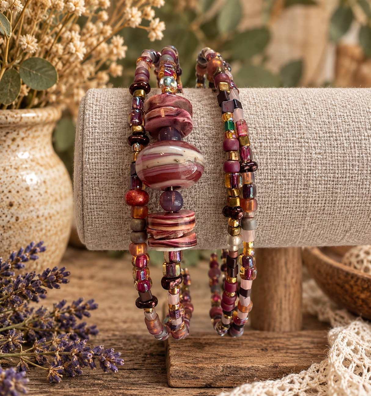 Lavender Rose Oval Memory Wire Bracelet Set